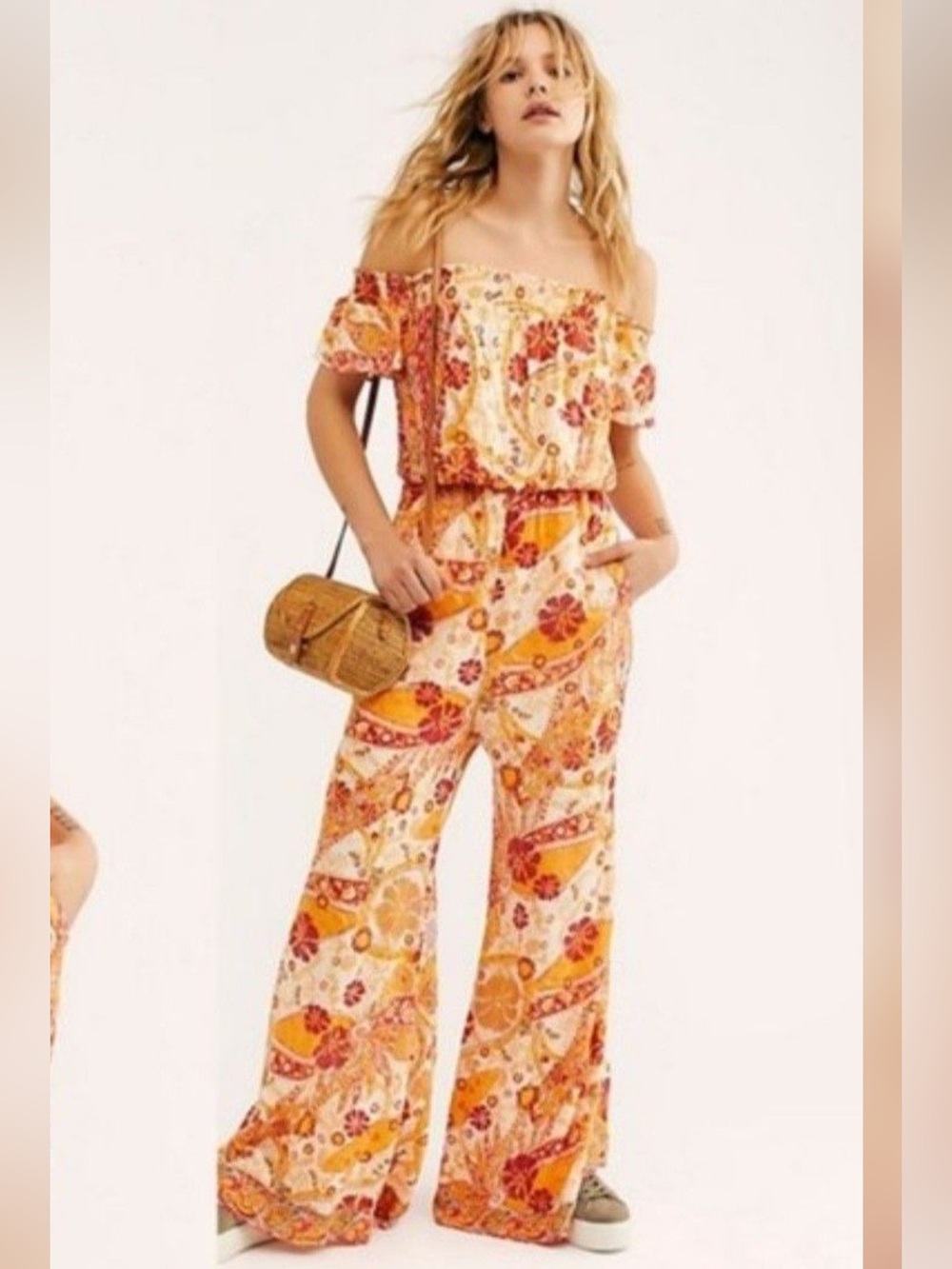 Free People rare Off-Shoulder Floral Wide-Leg Jumpsuit in Orange and Cream Sz. S